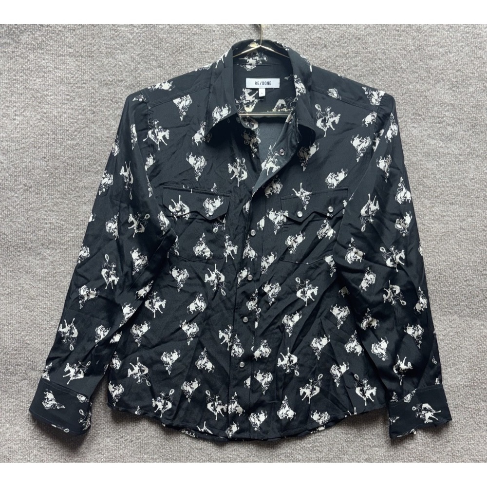 RE/DONE Bucking Horse Print Long Sleeve Silk Pearl Snap Shirt‎ Small Black EUC